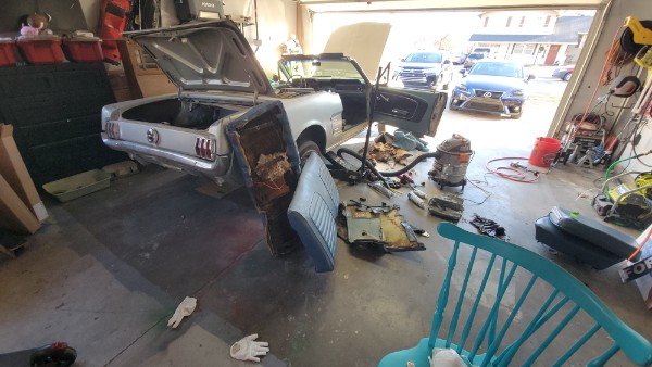 Greg Shosa's 1966 Mustang convertible under restoration in his garage